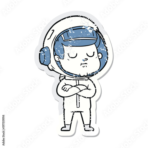 Distressed sticker of a calm cartoon astronaut with blue hair and crossed arms in space suit