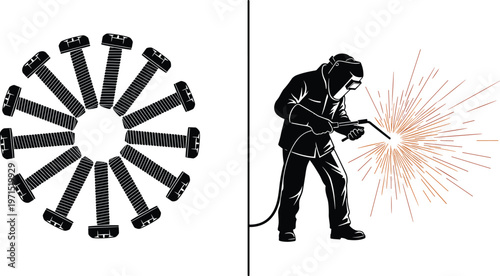 Industrial welding illustration, worker welding metal with sparks, bolts circle design, construction concept, manufacturing, engineering, steel work, industry, repair, fabrication
