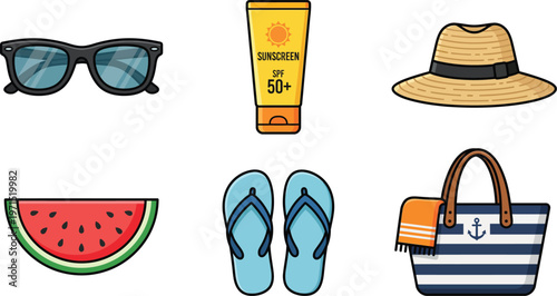 Summer vacation beach accessories and food
Collection of summer vacation items including sunglasses sunscreen hat flip flops beach bag and watermelon
