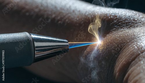 Macro shot of laser tip close to human skin blue laser beam smoke medical procedure dermatology treatment closeup technology precision healthcare
