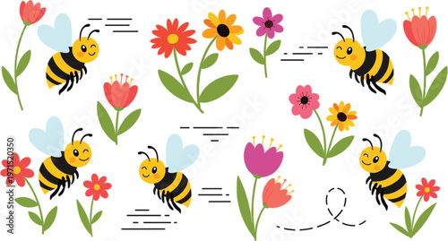 Cute Bee and Flower Vector Set Featuring Bees Pollinating Flowers and Flying for Nature, Insects, and Spring Design