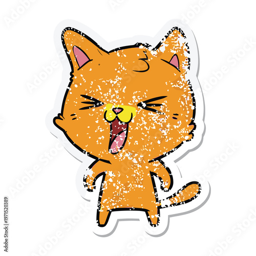 Distressed sticker of a grumpy orange cartoon cat shouting with eyes squeezed shut