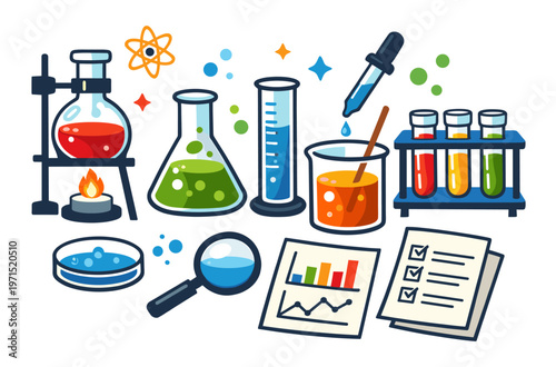 Diverse set of chemistry lab tools and glassware for scientific research, experiment, analysis, education, and discovery