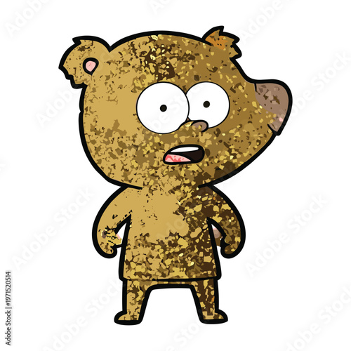A surprised brown cartoon bear with wide eyes and an open mouth in a textured illustration style