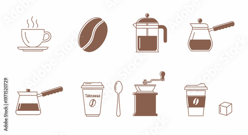 Brown coffee cup and beans icons.