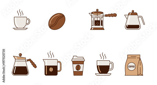 Brown coffee cups and coffee beans.