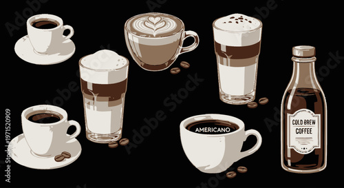 Variety of coffee drinks and bottle.