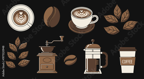 Brown coffee beans and cups.