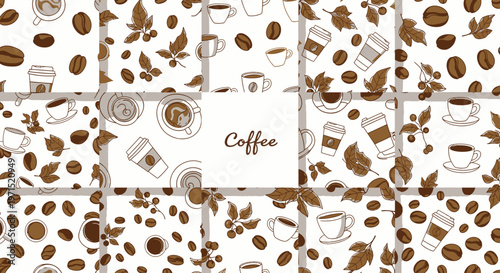 Brown coffee beans and cups.