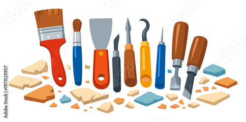 Art and restoration tools including brushes, chisels, scrapers, and other carving implements, symbolizing detailed craftsmanship and repair