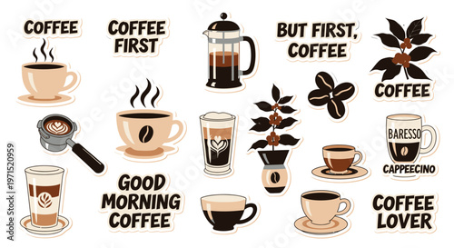 Coffee Cups and Coffee Beans Illustration.