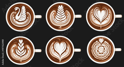 Coffee cups with latte art designs.