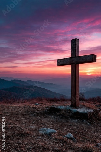 Sunset serenity at the mountain cross overlooking valleys