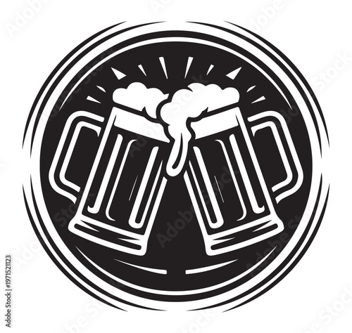 Black and white illustration of two beer mugs toasting each other in a circle