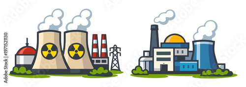Atomic power stations generating energy, featuring multiple cooling towers emitting steam and symbols of radioactivity