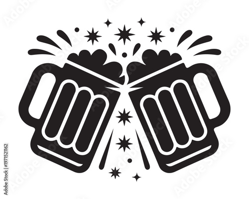 Black and white illustration of two beer mugs clinking together with foam and stars