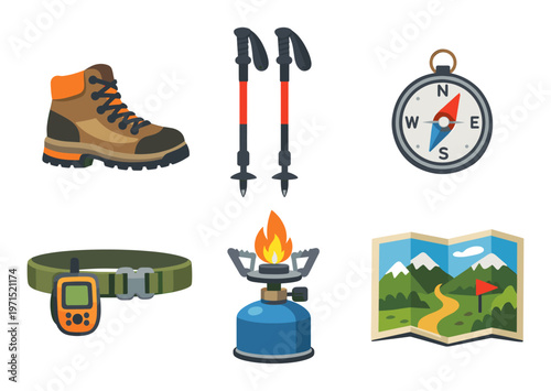 Necessary gear for outdoor adventures such as hiking, trekking, and camping, set against a clean white backdrop