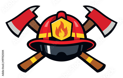 Firefighter helmet with crossed axes and a flame badge, symbolizing emergency services, protection, and rescuer strength