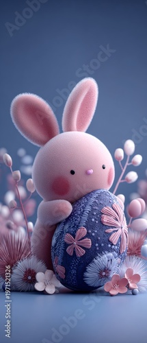 Celebrate easter with a lovely bunny and festive egg design. Editorial style. Pastel bunny cradles easter egg with warm wishes. Acid colors. Creative poster.