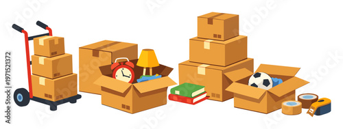 Boxes and a hand truck displaying home items for packing, moving, delivery, and storage services