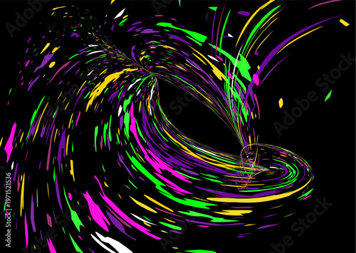 Multicolored paint or dust particles are carried by the wind. Design for banners, posters, covers, and magazines.