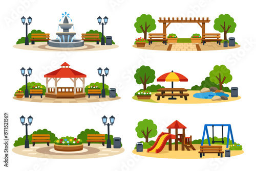 Park landscape elements presenting outdoor places for relaxation, recreation, leisure, and urban design in flat vector style