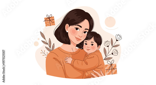 A heartwarming Mother's Day 2026 vector illustration featuring a smiling mother holding her baby in a loving embrace, surrounded by delicate floral elements and gifts against a clean white