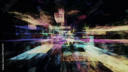 Blurry abstract art piece displays colorful streaks moving quickly through space
