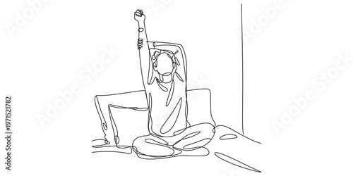 Minimalist single line drawing of a person sitting in a relaxed pose while stretching their arms Vector, illustration