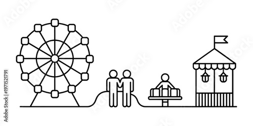 A simple black and white line art illustration showing a carnival scene with rides and a tent. Vector, illustration