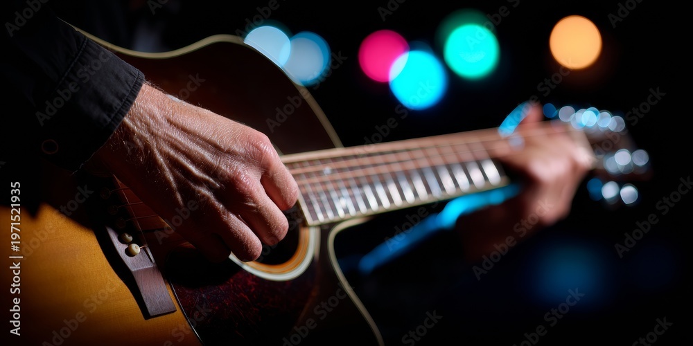 Obraz premium Captivating guitar playing under vibrant lights