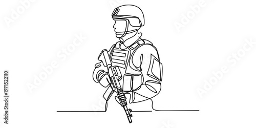 A continuous line drawing of a tactical soldier wearing a helmet and body armor holding a rifle Vector, illustration