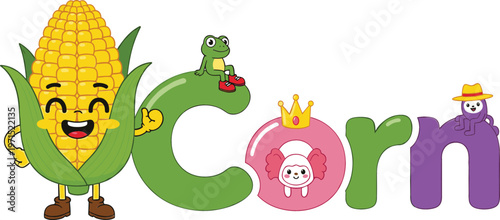 Colorful alphabet word corn with cute cartoon characters vegetables animals and playful letters vector illustration