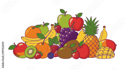 Colorful flat lay of assorted fresh fruits on a plain white background in a vibrant and healthy composition.