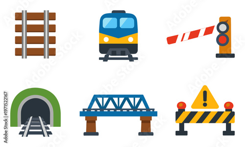 Collection of flat design railway elements showing a train, tracks, tunnel, bridge, level crossing barrier, and construction warning sign