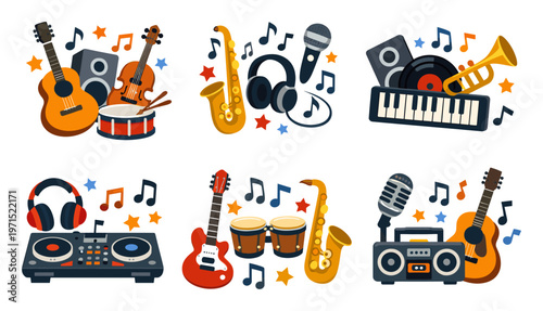 Music instruments and audio equipment creating a vibrant display of musical expression and sound production symbols