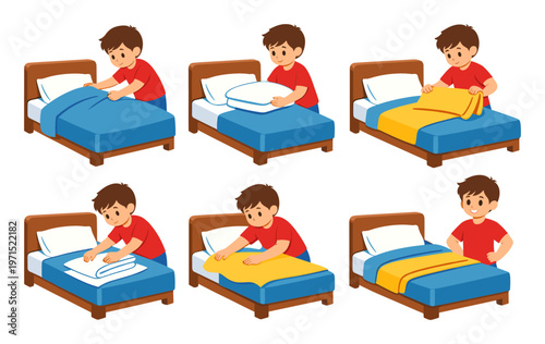 Boy tidying bedroom by making bed, following steps for morning routine, showcasing childhood chores and self-sufficiency