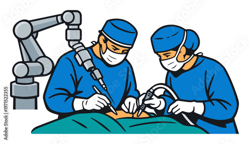Surgeons and a robotic arm performing a delicate operation, symbolizing technological advancement and precision in modern medicine