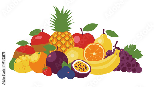 Flat lay illustration of various colorful fruits on a clean white background with vibrant hues.