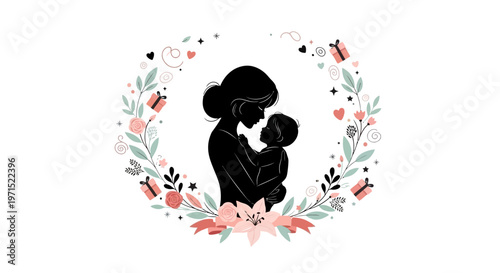 Silhouette illustration in pink and white tones for Mother's Day 2026, portraying a mother tenderly holding her baby within a floral wreath, ideal as a greeting card or social media