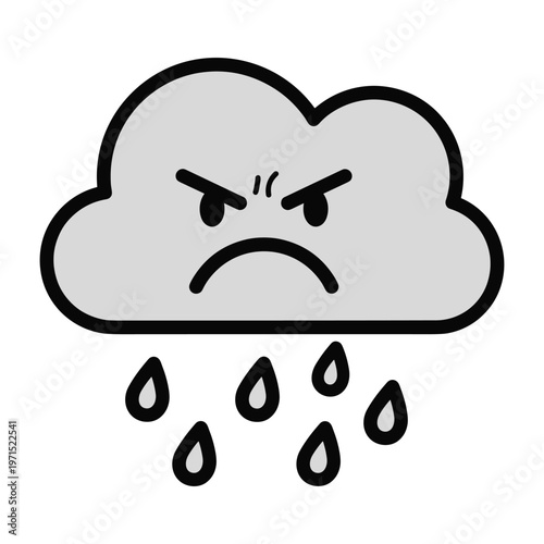 Angry grey rain cloud with a frowning face and raindrops falling from the bottom.