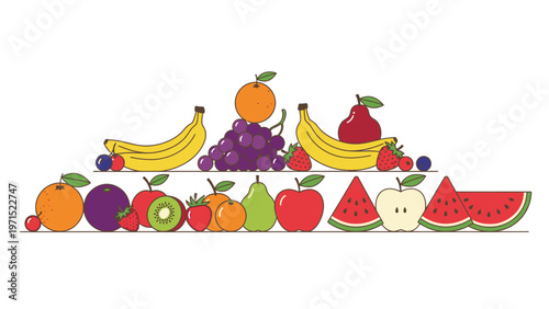 Colorful flat lay of various fresh fruits arranged in two rows on a clean white background with vibrant hues.