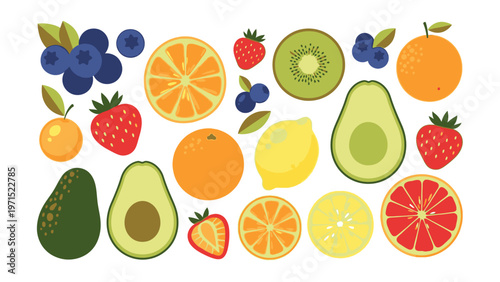Flat lay illustration of various colorful fruits including oranges, strawberries, blueberries, kiwi, lemons, and avocados against a clean white background.