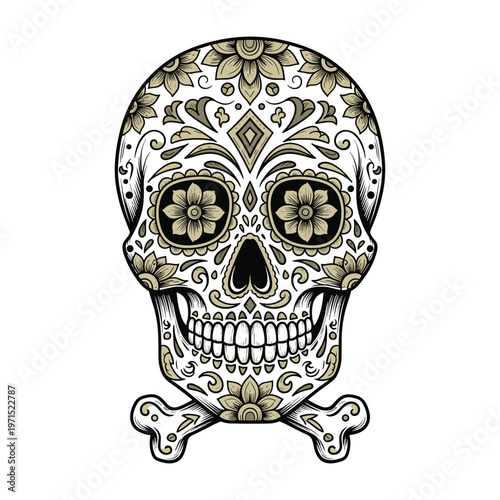 Intricate black and white sugar skull illustration with floral patterns and crossbones on white.