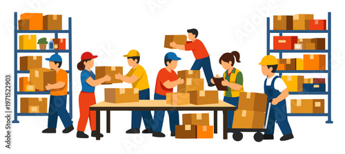 Warehouse staff working efficiently, managing inventory, and preparing cardboard boxes for distribution in a storage facility