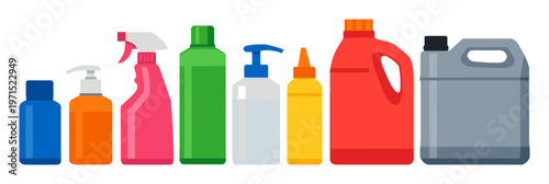 Chemical products featuring detergents, soaps, bleach, and cleaners in various sized plastic bottles and canisters