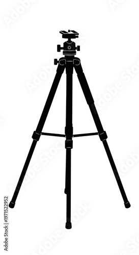 Black Silhouette of a Professional Camera Tripod on White Background