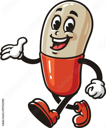 Cartoon mascot of a pill capsule is walking