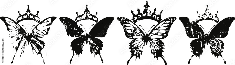 Fototapeta premium black and white butterfly silhouettes with crowns, grunge decorative winged insects in a row