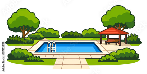 Backyard oasis featuring a swimming pool, patio, and gazebo surrounded by trees and bushes, depicting outdoor relaxation